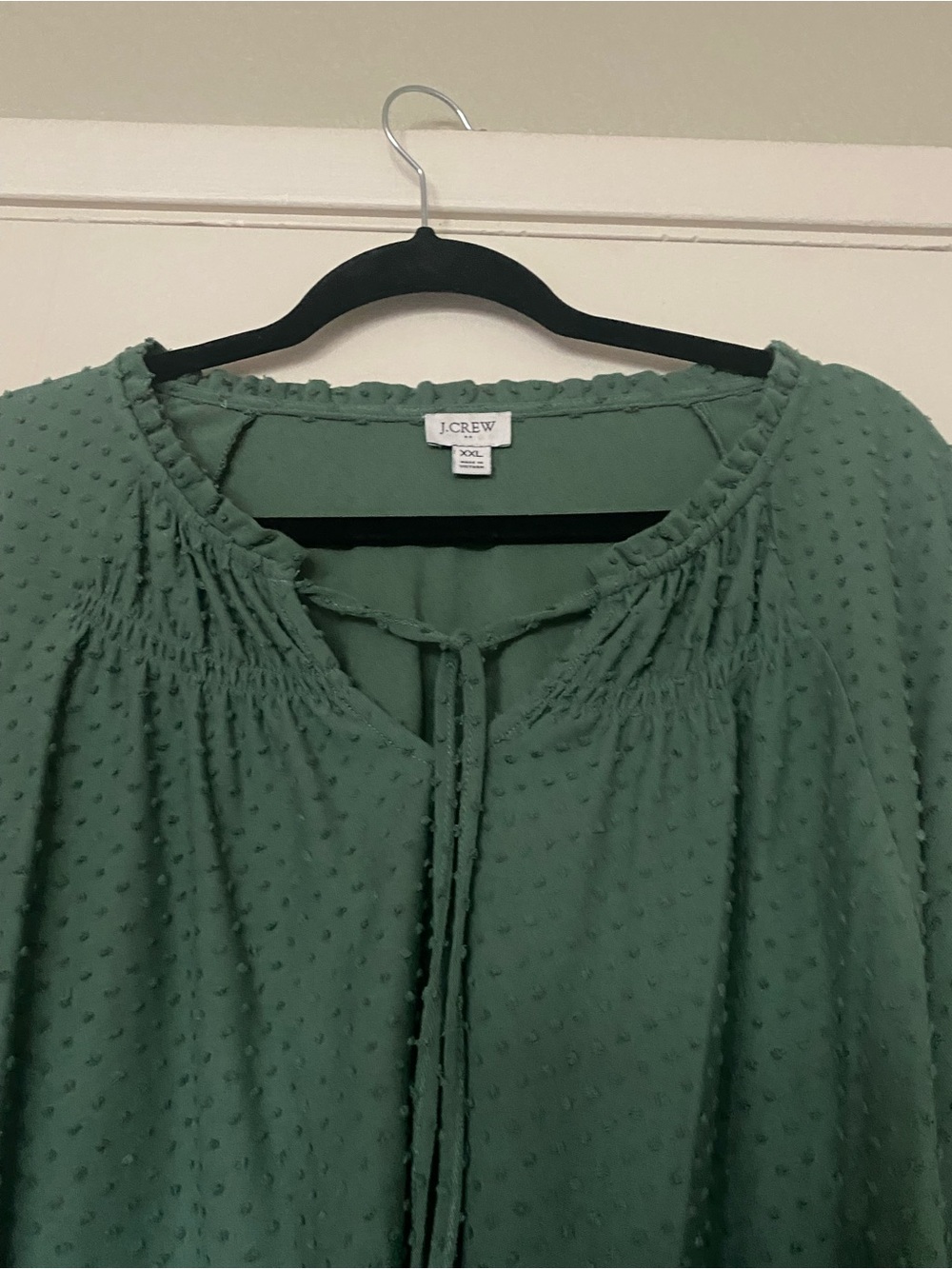 J. Crew Sage Green Swiss Dot Tie-Front Blouse